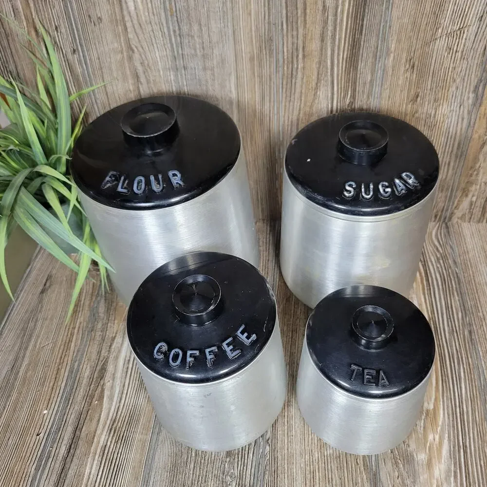 Vintage Kromex Canisters Spun Aluminum, Flour Sugar Coffee Tea MCM Set of 4